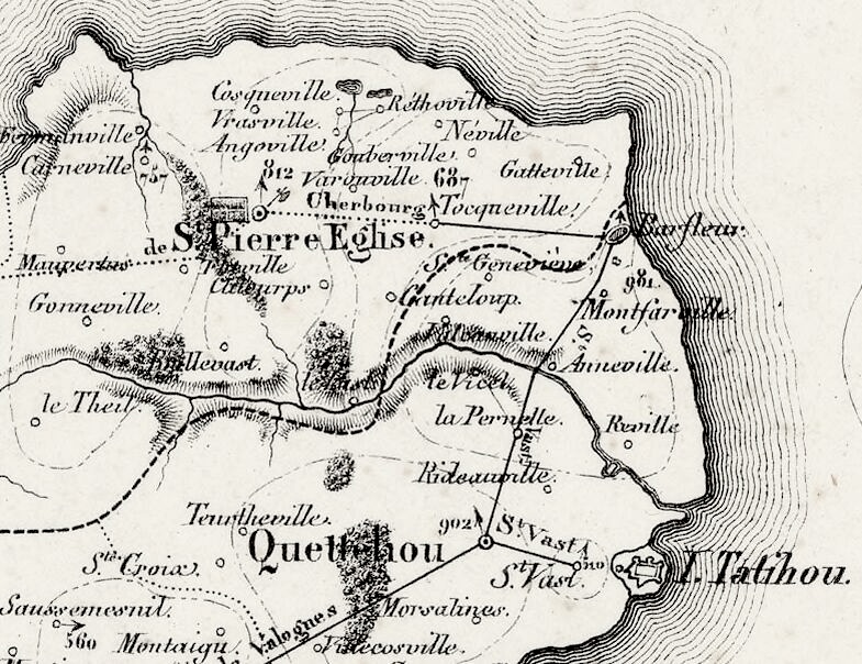 Zoom sur l'île de Tatihou sur la même carte de la Manche vers 1850 (source Gallica).