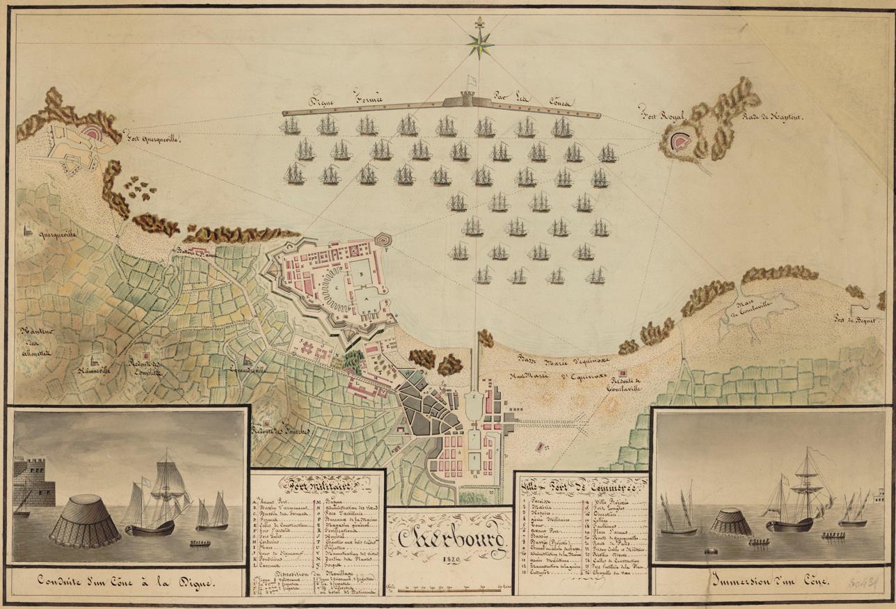 Plan de la rade de Cherbourg en 1820, protégée derrière une digue (source : Gallica).