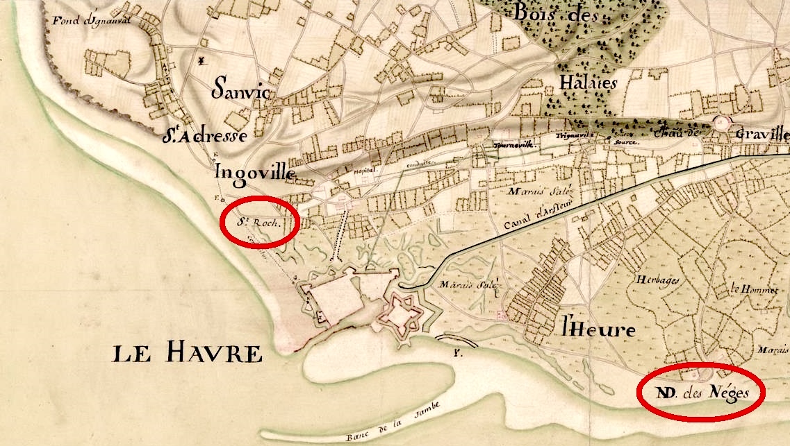 Plan du Havre vers 1700 situant les premiers lazarets de Saint Roch d'Ingouville, orthographiée Ingoville, et de Notre-Dame des Neiges, orthographiée Néges (source Gallica).