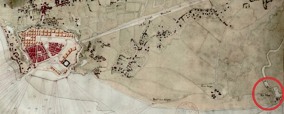 Plan de 1790 montrant l'emplacement du troisième lazaret situé au Hoc, désormais au coeur du port industriel du Havre (source Gallica).