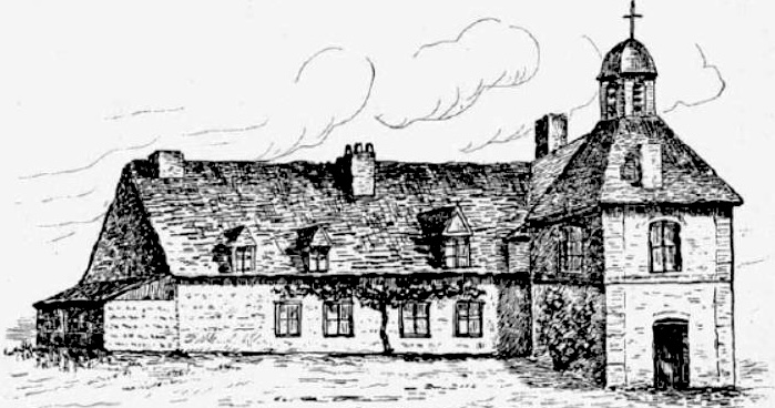 La chapelle du lazaret du Hoc, transformée plus tard en logement du gardien. Dessin de 1882 publié dans Étude sur l’histoire des quarantaines et des lazarets du Havre, A. Petit, 1932.