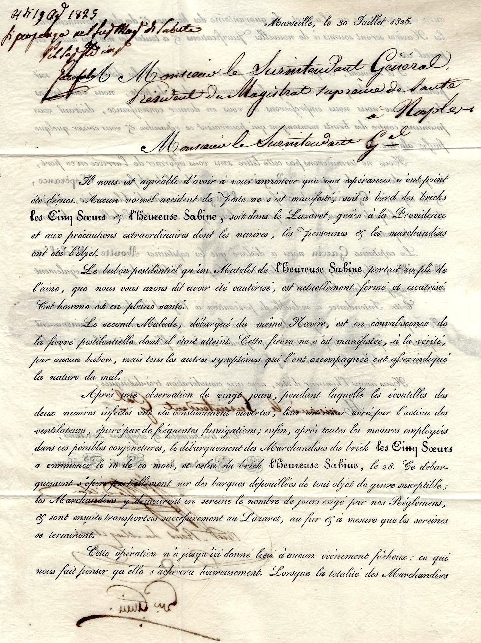 Contenu de la circulaire imprimée mentionnant : « Aucun nouvel incident de peste ne s’est manifesté soit à bord des bricks les Cinq Sœurs et L’Heureuse Sabine soit dans le Lazaret… ».