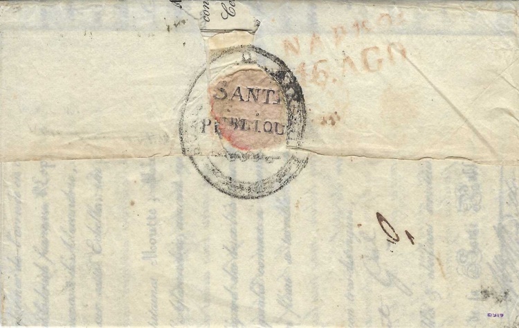 Verso portant le cachet ovale SANTE PUBLIQUE des intendants de la santé  de Marseille et le cachet d’arrivée à Naples du 16 août 1825.