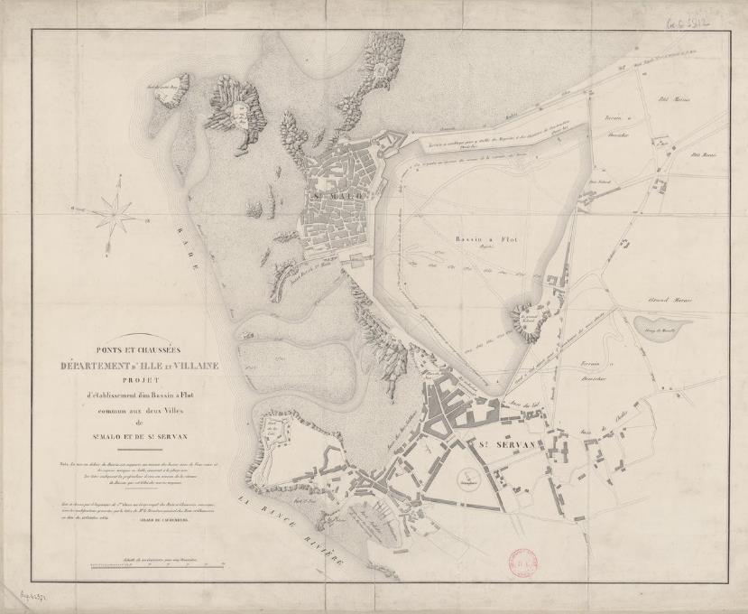 Carte du projet de bassin commun entre Saint-Servan et Saint-Malo (source : Gallica).