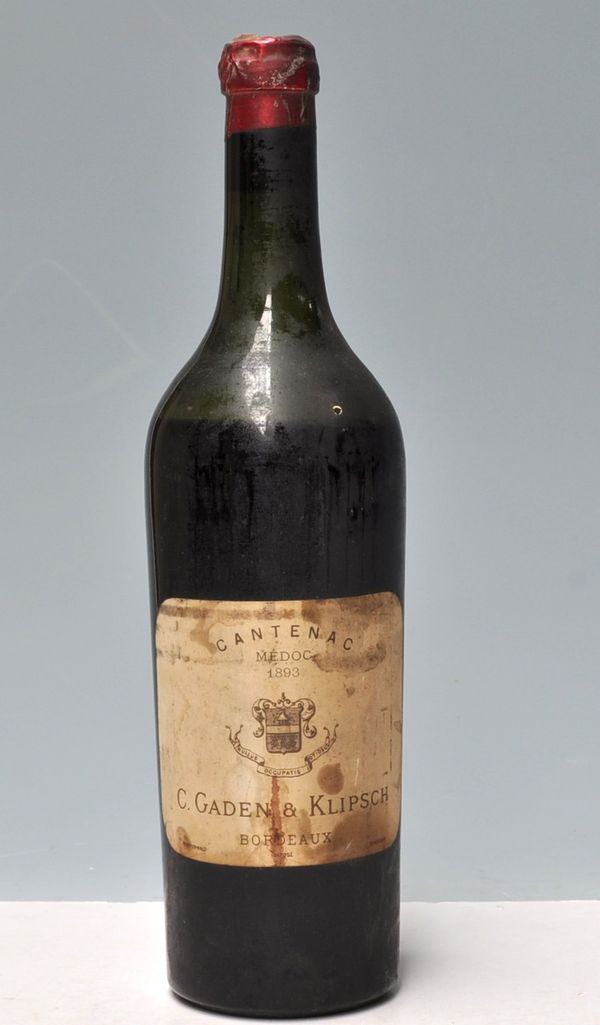 Une bouteille de 1893 de vin de Cantenac (Médoc) par Gaden & Klipsch.