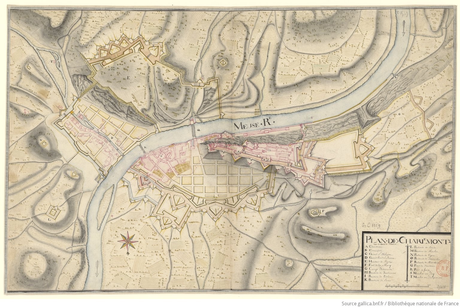Plan du fort de Charlemont et de la ville de Givet dans le Comté de Namur en 1750 (source Gallica).