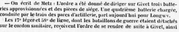 Extrait du journal Le Temps du 19 septembre 1831 indiquant le déploiement d'un cordon sanitaire à Givet (source Gallica).