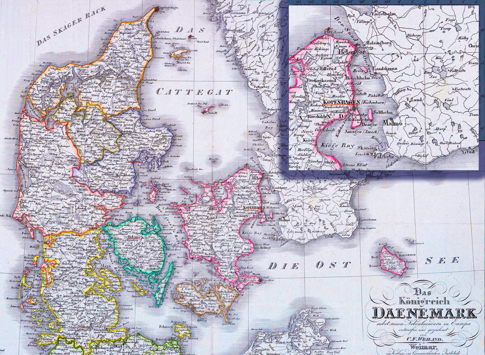 Carte du Danemark de 1832 par C.-F. Weiland, avec zoom sur le détroit de l'Øresund. Sur la rive ouest danoise : Helsingør - Elseneur et Copenhague. Sur la rive est suédoise : Helsingborg et Malmö (source Gallica).