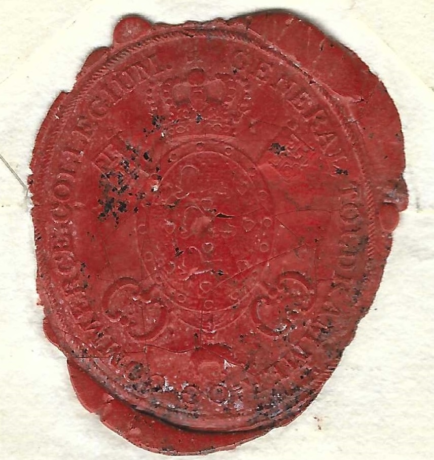 Sceau du GENERAL TOLDKAMMER OG COMMERCE COLLEGIUM au verso de la lettre.<br />Il s'agissait du Collège Général des Douanes et du Commerce, sorte de super-ministère en charge des douanes, de la politique commerciale et des affaires coloniales durant la monarchie absolue danoise.