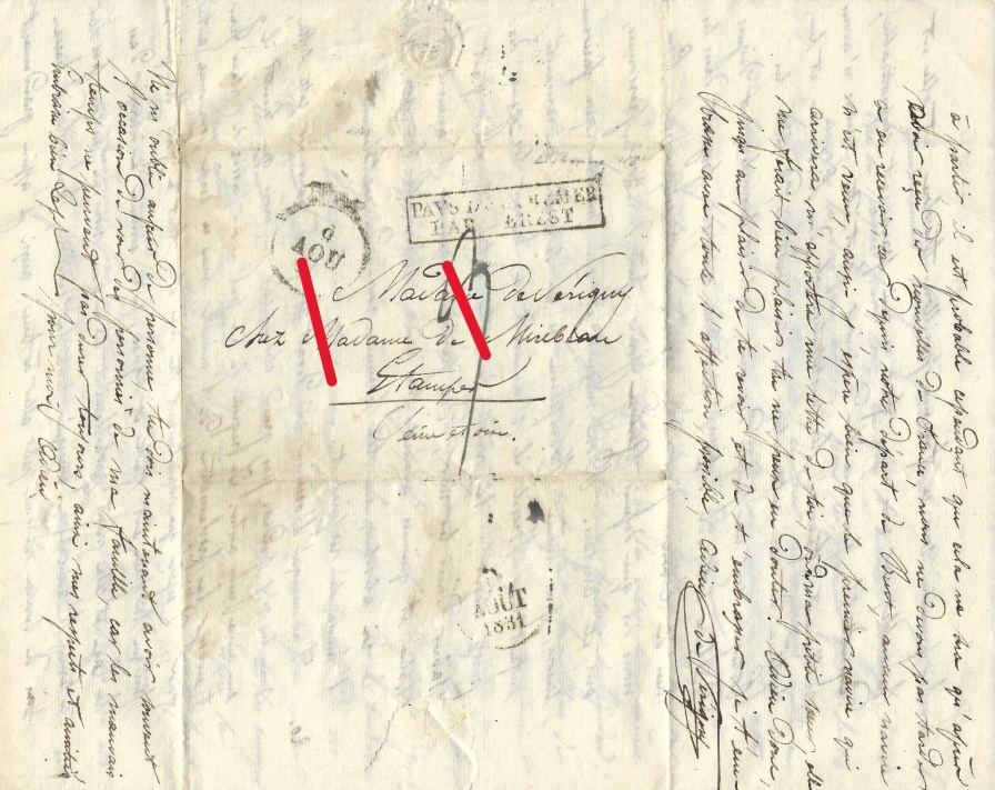 Matérialisation en rouge des deux incisions obliques pour la purification au vinaigre à Brest avant l'acheminement final à Etampes.