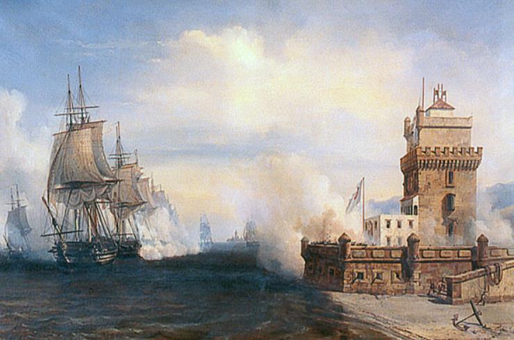 Le forcement des passes du Tage par l'escadre du contre-amiral Roussin le 11 juillet 1831. Les navires français devant la tour de Belém, le Suffren en tête. Tableau d'un auteur inconnu.  (source : Service historique de la Marine - Wikimedia Commons).