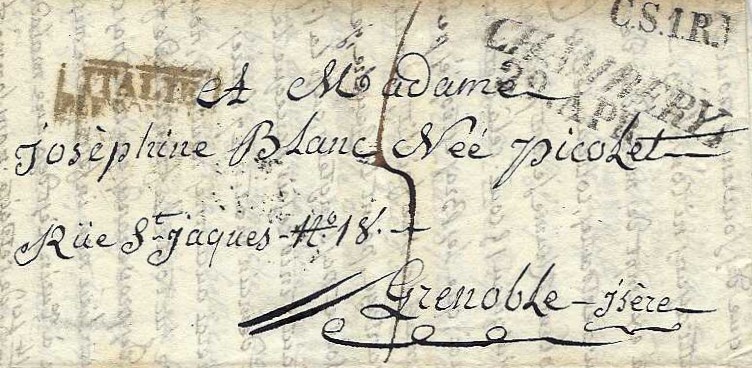 Lettre de Chambéry à Grenoble de 1832 durant le cordon sanitaire