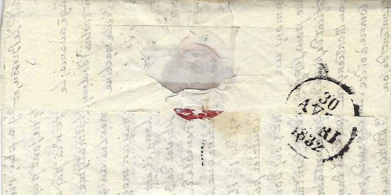 Au verso, cachet d'arrivé du 30 avril. La lettre n'a mis qu'une journée pour franchir 50 km et surtout la frontière Savoie - France avec cordon sanitaire, alors que le passage par Pont de Beauvoisin n'est pas le chemin le plus direct entre Chambéry et Grenoble.