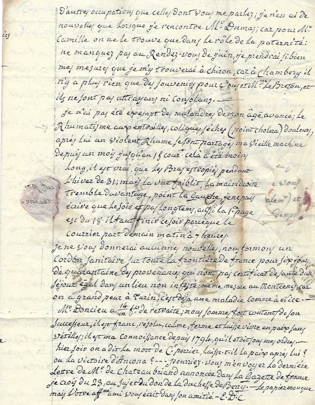 Contenu de la lettre détaillant le fonctionnement du cordon sanitaire entre la France et le Royaume de Sardaigne.