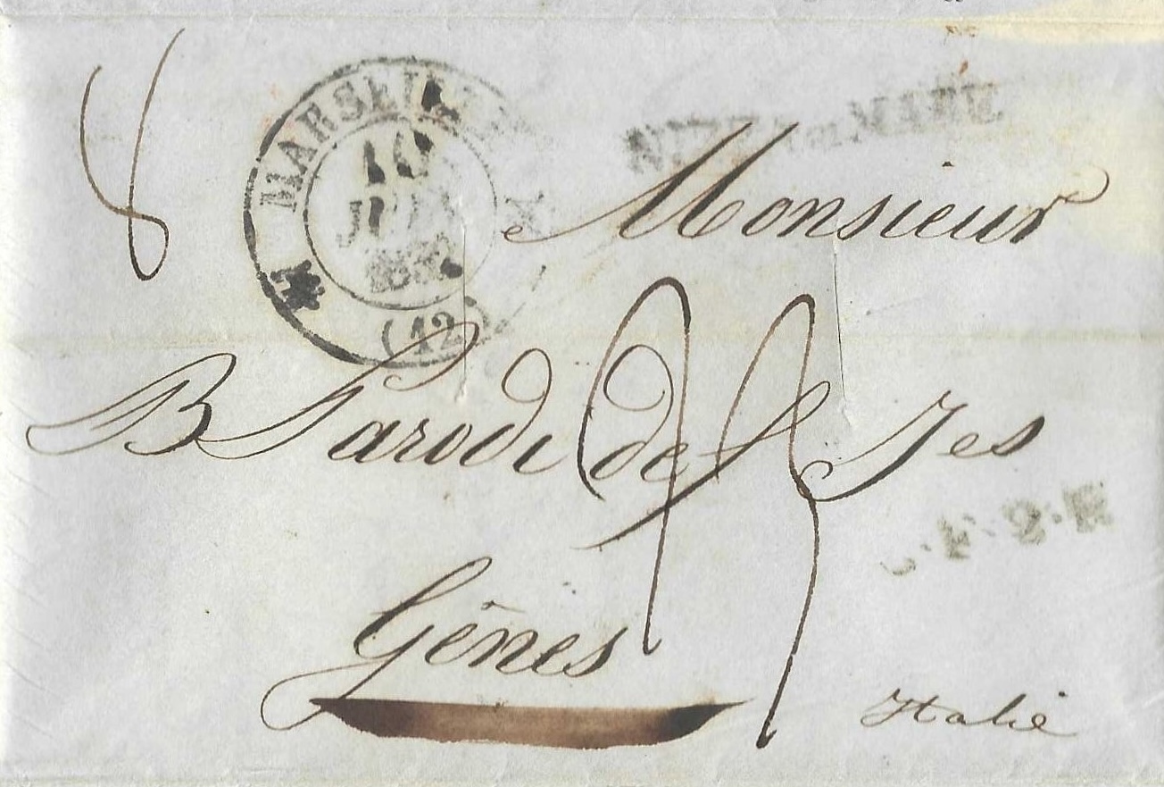 Lettre de Marseille à Gênes de 1832 purifiée à Nice sur le cordon sanitaire sarde