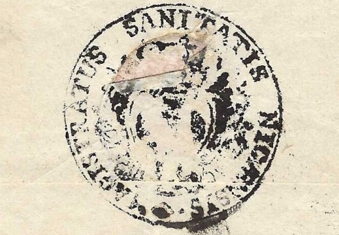 Sceau écrit en latin du magistrat de santé de Nice au verso d'une lettre de 1847 : MAGISTRATUS SANITATIS NICAENSIS.