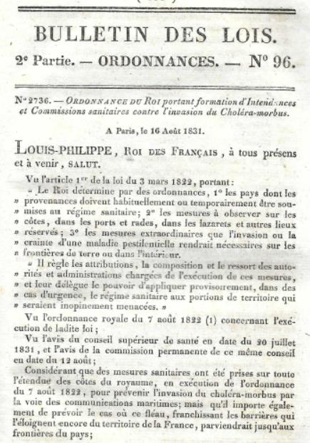 Ordonnance 96 du roi Louis-Philippe du 16 août 1831 qui prescrit les mesures sanitaires pour les provenances de Francfort et pays adjacents d'Outre-Rhin.