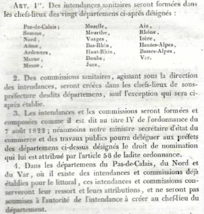 Extrait de l'ordonnance 96 sur la création d'intendances sanitaires dans les chefs-lieux de vingt départements.