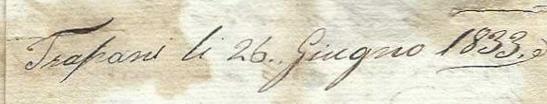 En-tête de la lettre en italien « Trapani li 26 giugno 1833 ».
