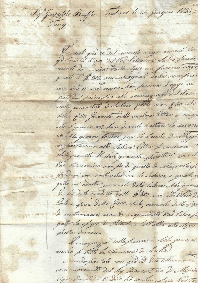 Contenu de la lettre avec les taches de vinaigre ayant pénétré grâce aux incisions pratiquées pour la purification à La Goulette.