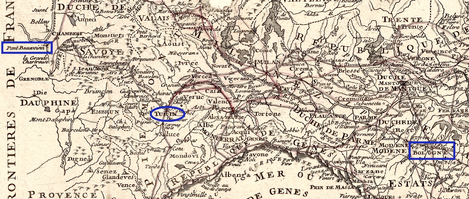 Extrait de la carte du Royaume d'Italie divisé en ses Estats de 1805 montrant les routes de poste empruntées dans la péninsule italienne par la lettre (source Gallica).