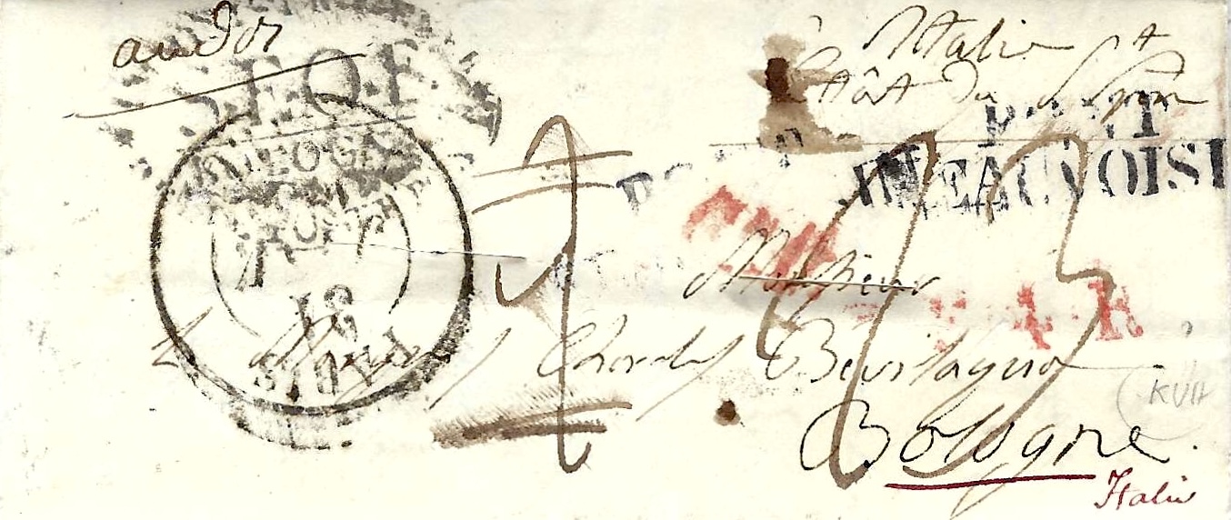 Lettre de Paris à Bologne en 1835 purifiée 2 fois