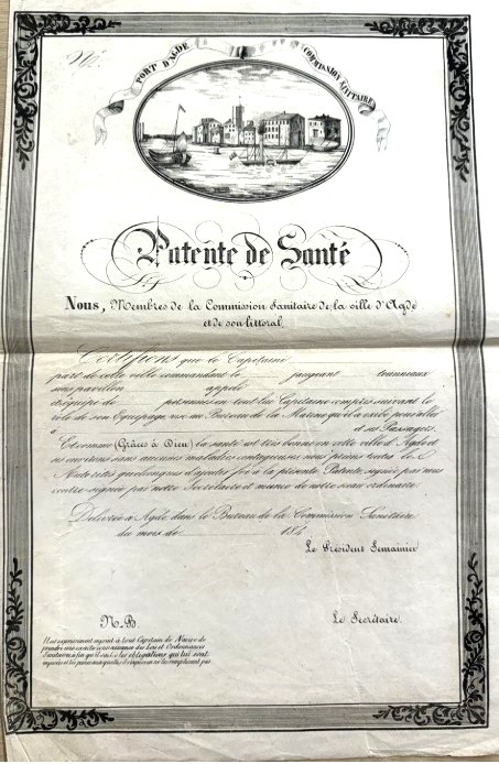 Patente de santé vierge délivrée par la commission sanitaire de la ville d'Agde et de son littoral vers 1830.