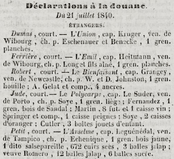 Extrait du journal Le Mémorial Bordelais annonçant l'arrivée du navire L'Anselme ayant transporté cette lettre, le 21 juillet 1840 à la douane bordelaise (source Gallica).