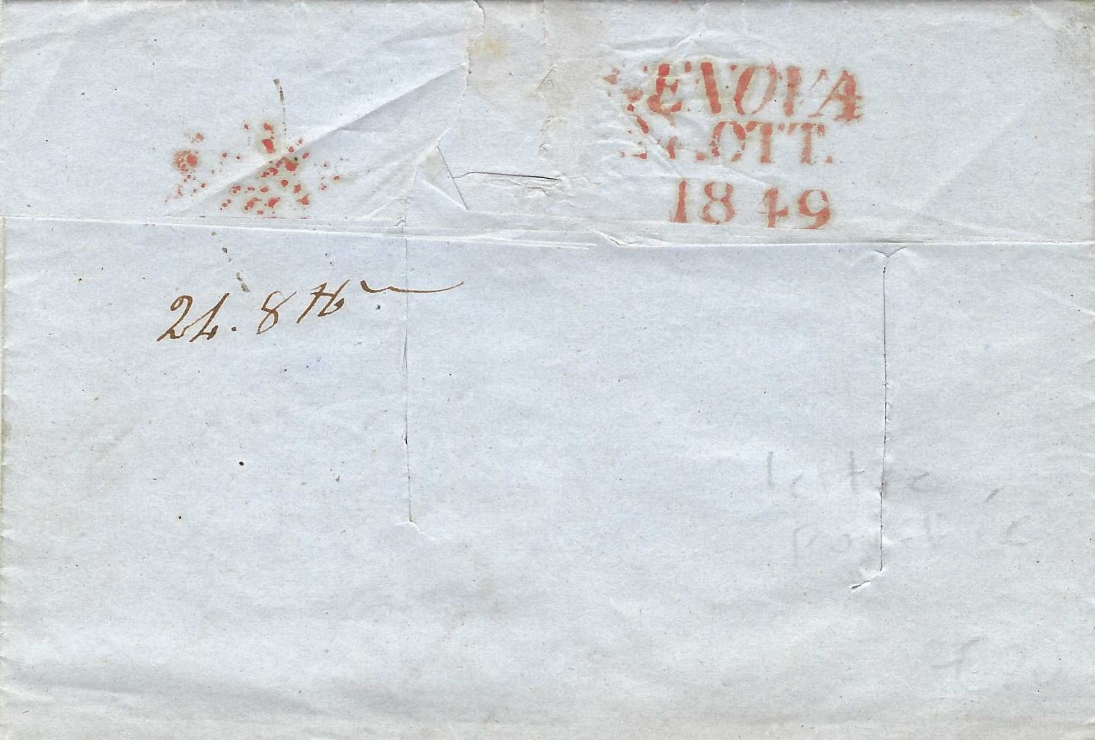 Verso de la lettre montrant le cachet d'arrivée GENOVA 21 OTT 1849 ainsi que les deux incisions.