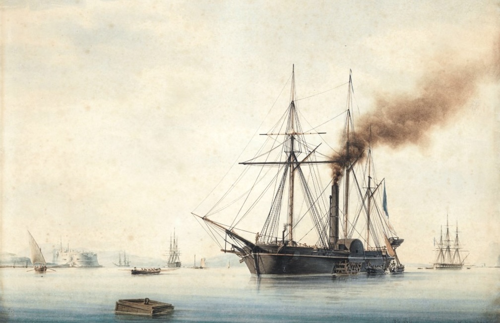 Tableau de 1836 du peintre de la Marine François Roux, représentant l'aviso à roues Le Castor, mis à l'eau en 1831 au chantier d'Indret (source Musée National de la Marine français).