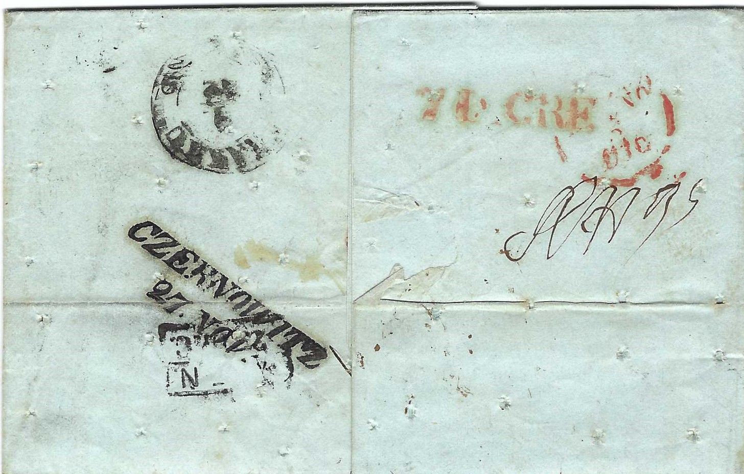 Au verso le bureau de poste de Czernowitz a appliqué son cachet après le passage du poste frontière austro-hongrois « contumaz » qui effectué la purification. Le choléra endémique dans l'Empire conduisait les autorités sanitaires autrichiennes à être très strictes.