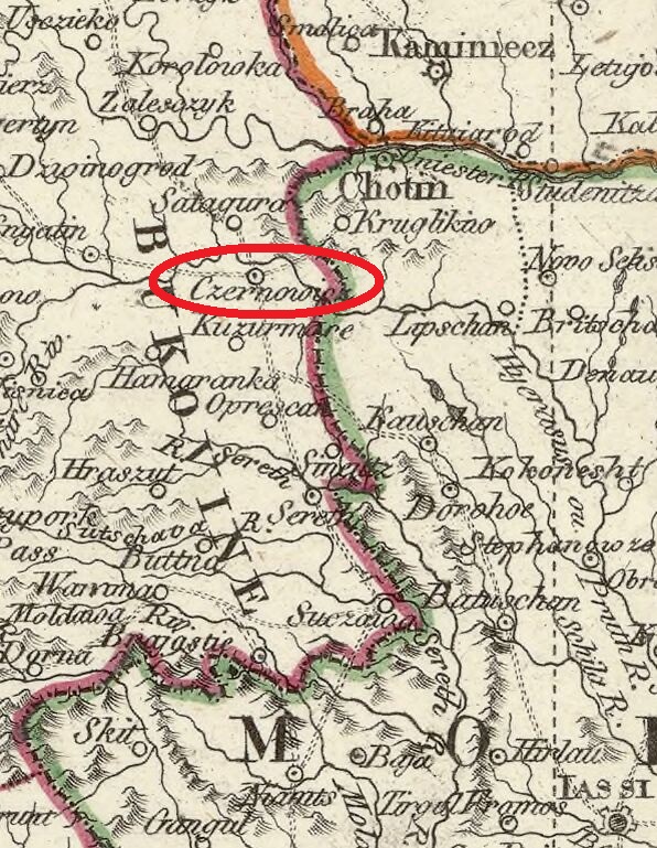 Czernowitz, orthographiée Czernowicz, dans la zone dites des 3 frontières: Moldavie, Empire d'Autriche-Hongrie et Russie, sur la carte de l'Empire d'Autriche et des Etats de l'Empire Oottoman publiée par Georg Zürner en 1808 (source Gallica).