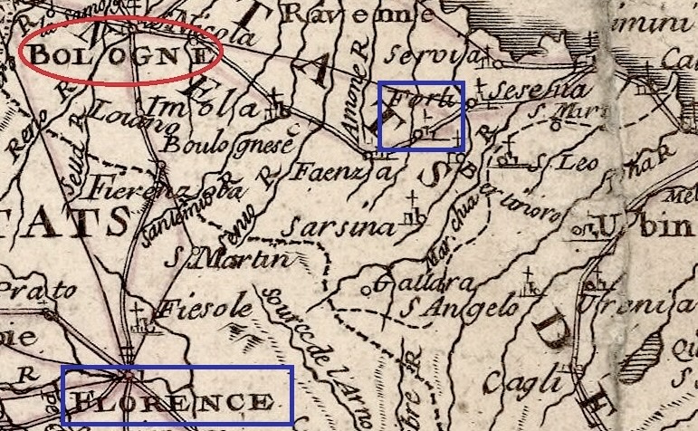 Trajet de la lettre sur la carte des routes de postes en Italie de 1835 (source Gallica).