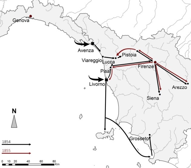Trajectoire épidémique du choléra en Toscane en 1854 et 1855 (source Death in the Time of Pandemic - A Tuscan Cholera Cemetery at Benabbio in 1855, Antonio Fornaciari, Historical Archeology Review, 2023).
