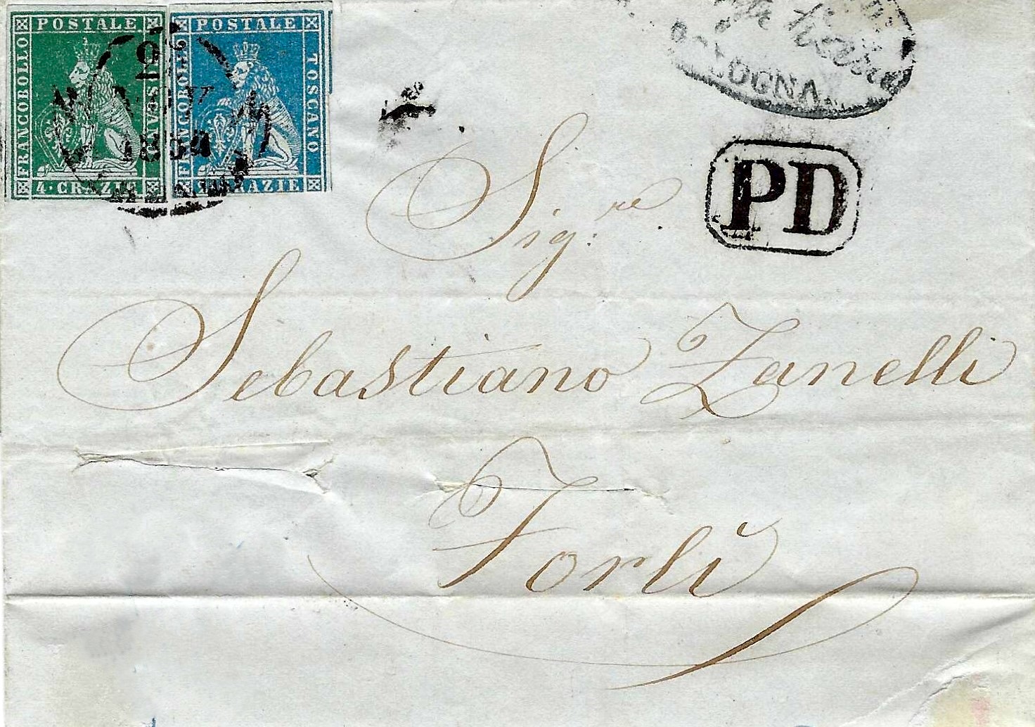 Lettre purifiée de 1854 avec premiers timbres toscans