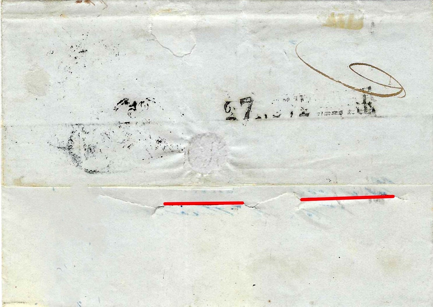 Verso de la lettre avec les incisions horizontales de purification rehaussées en rouge et le cachet d'arrivée du 27 novembre 1854.