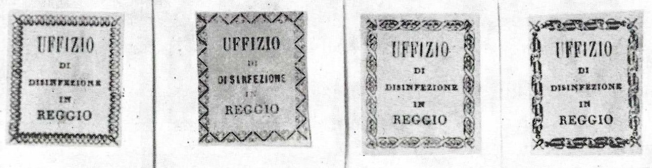 Les quatre types de timbres de désinfection appliqués sur les courriers émiliens entre 1854 et 1855 (source : livre Documenti Sanitari de Carlo Ravasini [1958].