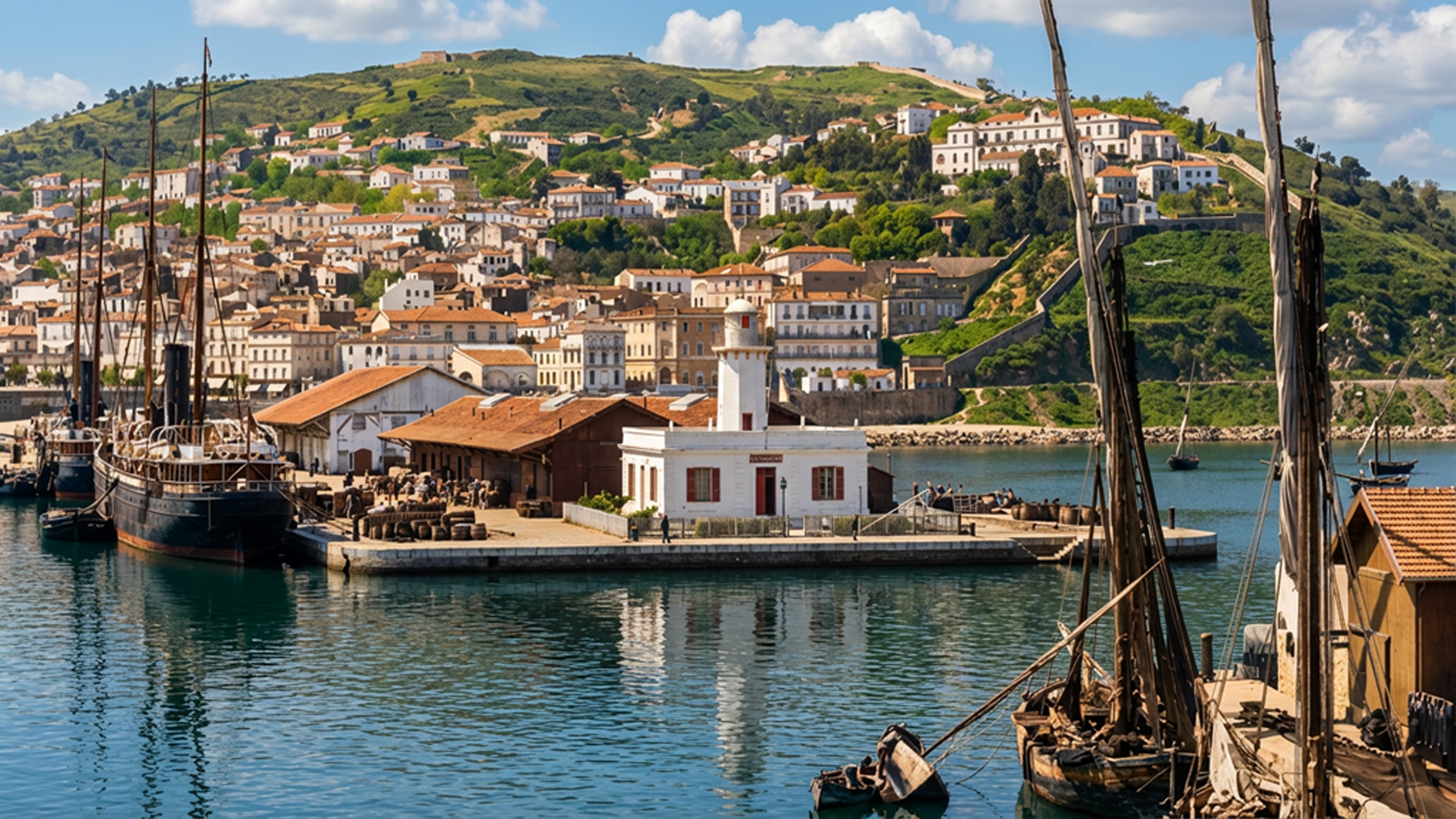 Vue du port de Philippeville - Skikda en Algérie vers 1878, avec au milieu de l'image au bord du quai le batiment dit de « la santé » où la lettre a probablement été purifiée. Reconstitution graphique et colorisation de Didier Lebouc d'après une carte postale d'époque.