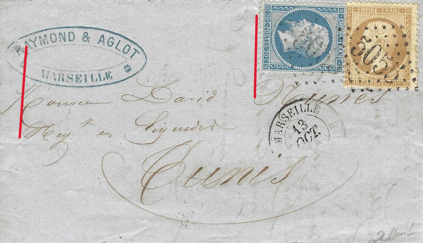 Les 2 entailles de 30 mm pour la purification chimique sont rehaussées en rouge. La désinfection a probablement eu lieu à Philippeville car l'agent ayant apposé les cachets ne devait guère apprécier de manipuler des lettres potentiellement contagieuses. Une purification à Bône n'est pas complètement exclue.