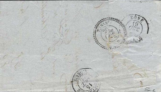 Verso de la lettre avec cachets de transit à Philippeville le 15 octobre et à Bône le 19 octobre 1865 ainsi que le cachet d'arrivée au bureau postal français de Tunis le 20 octobre.