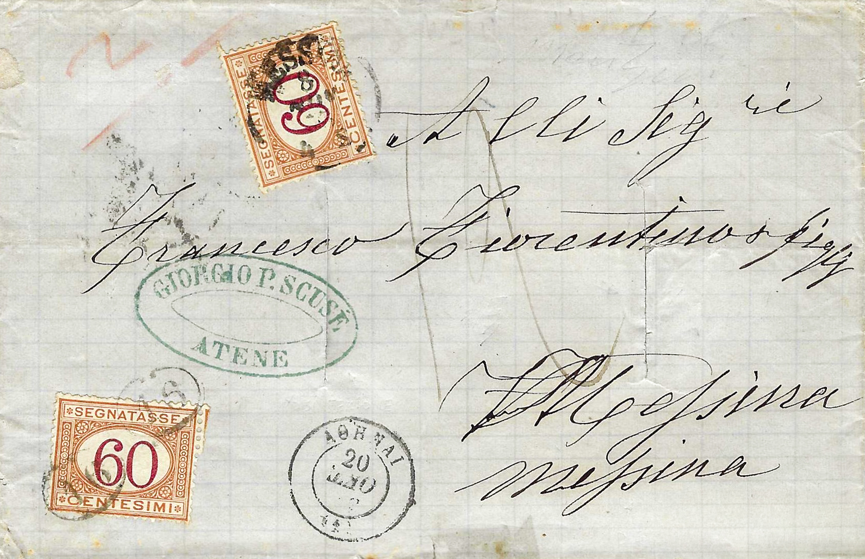 Lettre de Mytilène à Gallipoli purifiée à Brindisi en 1872