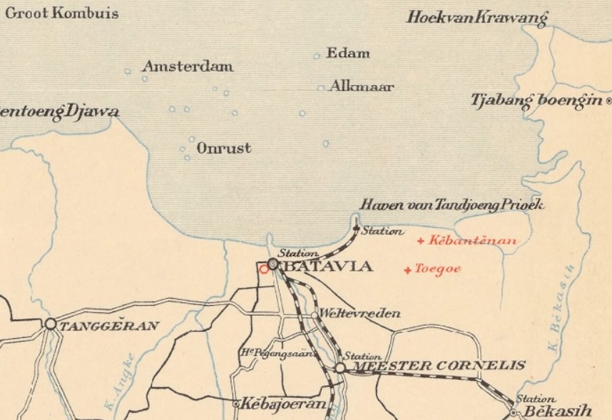 Weltevreden, désormais Sawah Besar, au sud de Batavia, désormais Jakarta, sur une carte néerlandaise de 1890 de l'ile de Java (source Gallica).