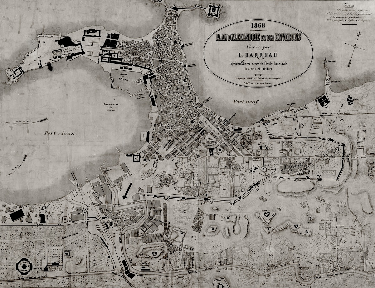 Plan d'Alexandrie et de ses environs dressé par L. Barreau en 1868 (source Gallica).