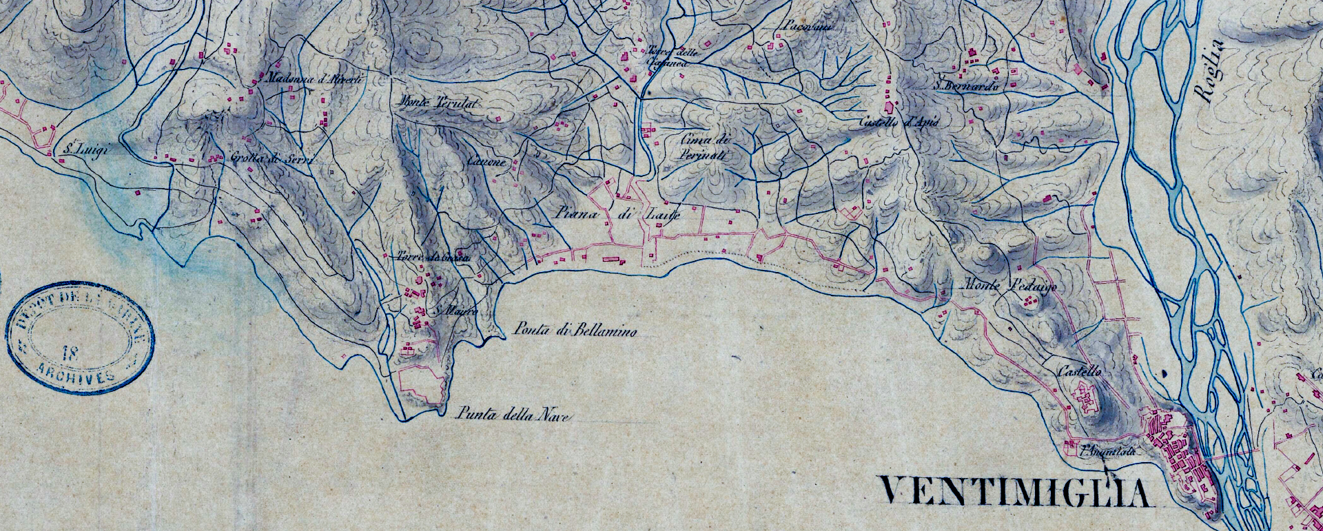 Extrait des cartes topographiques en 2 feuilles des environs de Nice, Villefranche, Menton et Vintimille de 1860 établies par le Service Hydrographique de la Marine. Cette carte montre le lieu du lazaret de 1884, à La Latta, identifié comme Piana di Laite, dans la plaine côtière au nord-ouest de Ventimiglia (source Gallica).