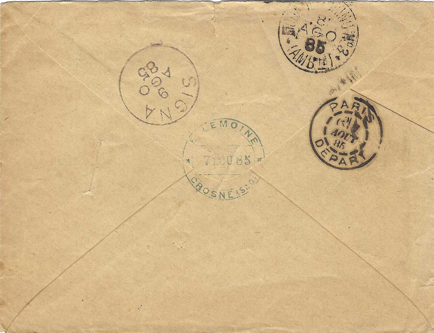 Verso de la lettre montrant les cachets de transit et d'arrivée.