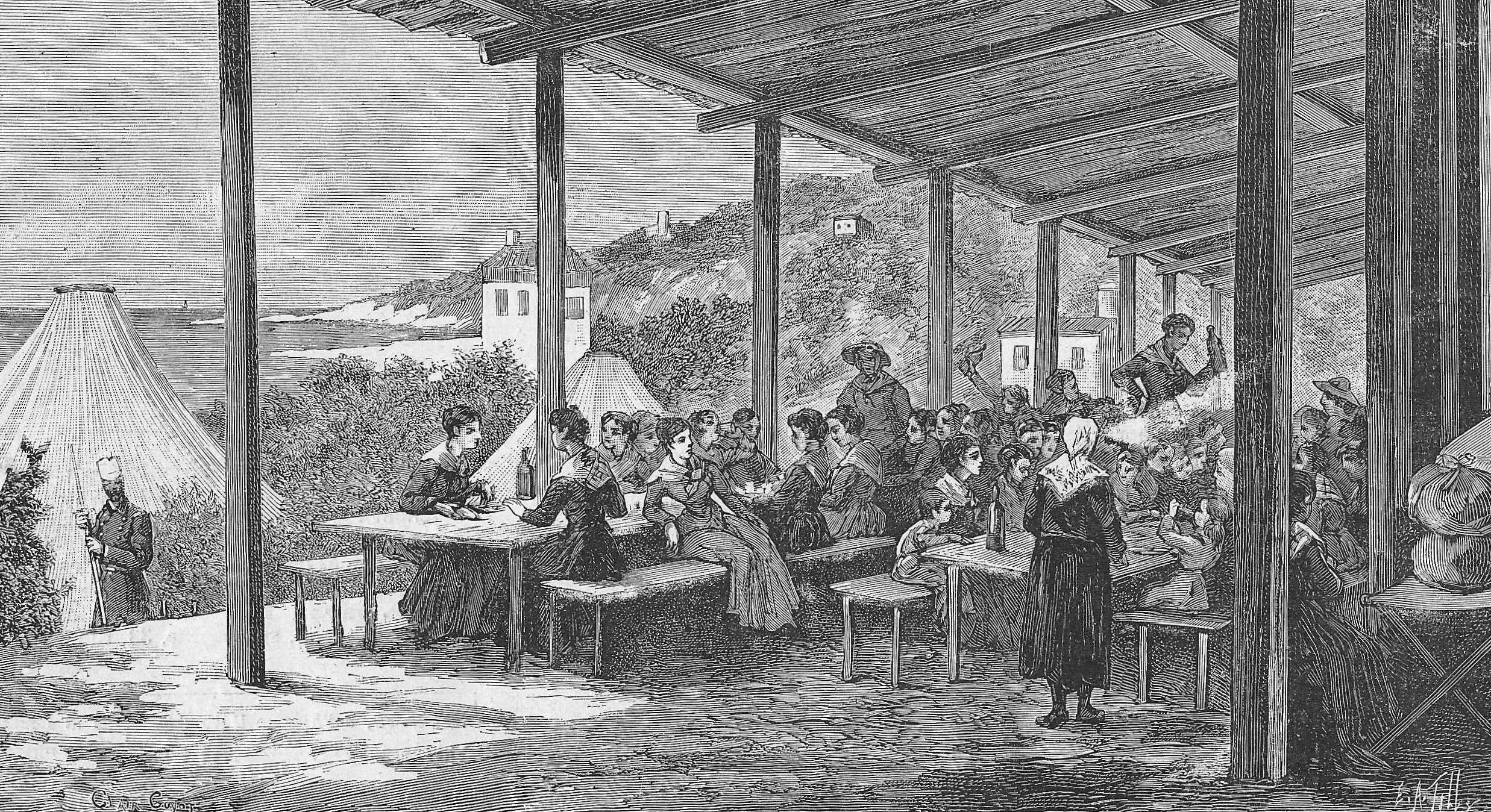 Le carré des femmes du lazaret de La Latta : le réfectoire. Gravure parue dans le journal l'Écho du Nord du 10 août 1884.