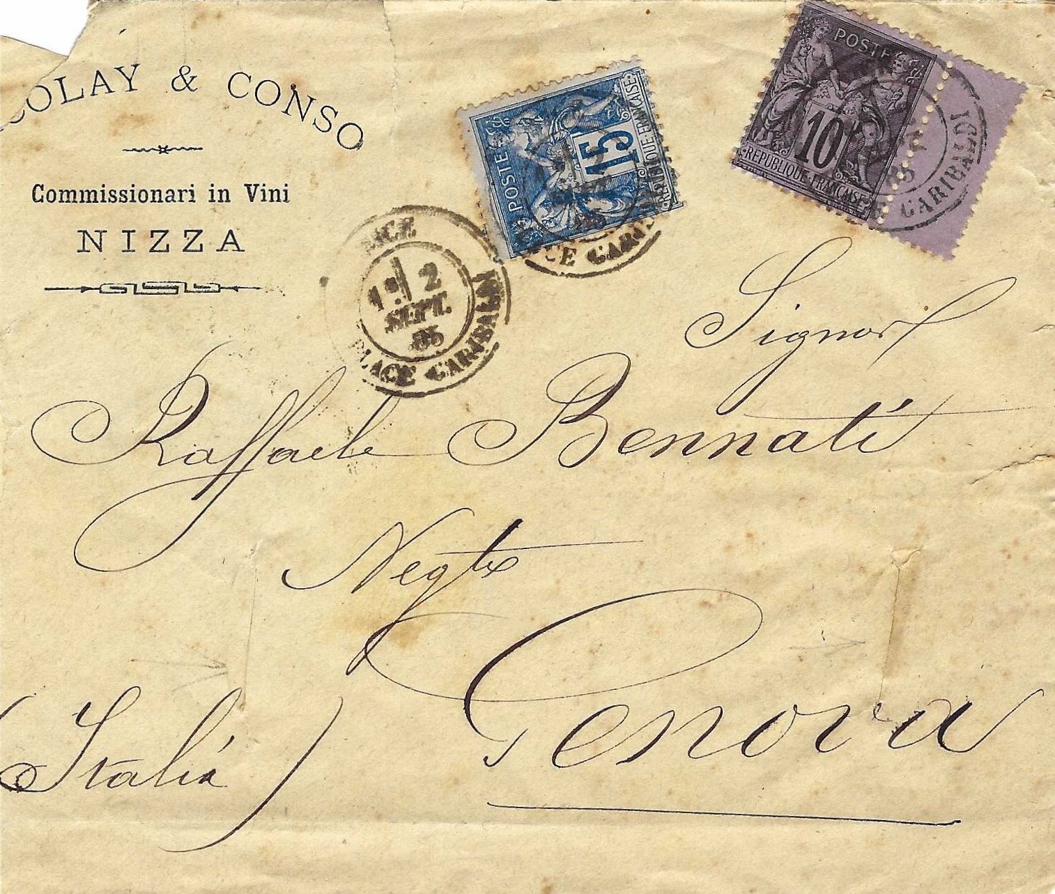 Lettre de Nice à Gênes purifiée durant le choléra en 1885