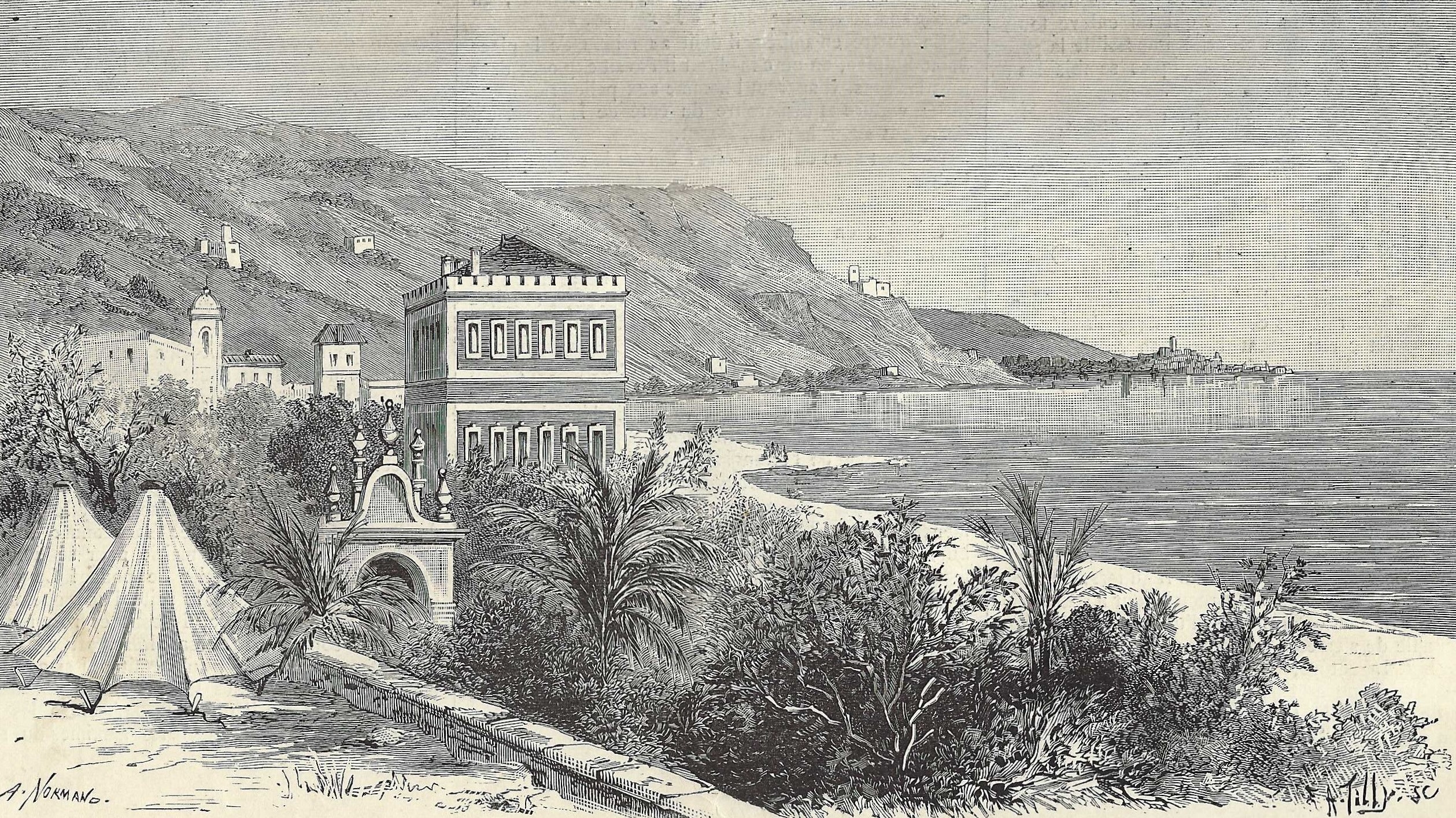 Vue générale du campement des internés. Lazaret de la Latta. Gravure publiée par le journal l'Illustration le 26 juillet 1884 (source Gallica).