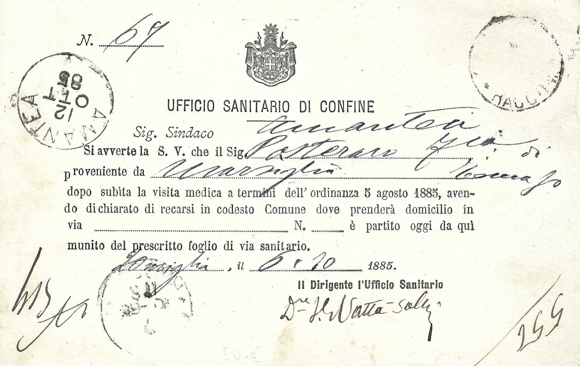 Patente de santé de Vintimille pour Amantea durant le choléra