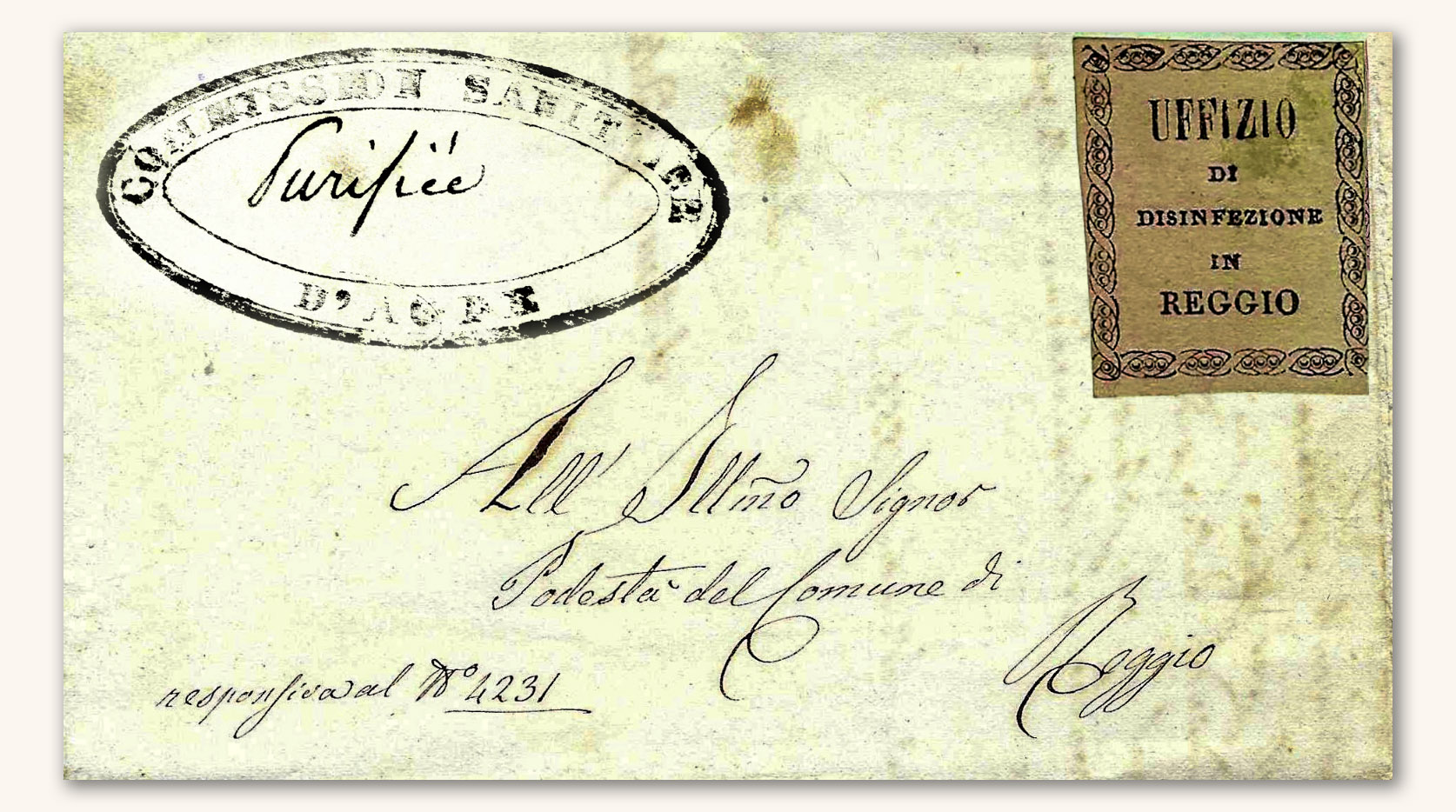 Lettre purifiée typique avec timbre indiquant la désinfection